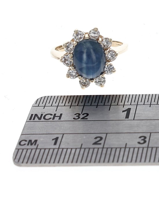 Blue Star Sapphire and Diamond Halo Ring